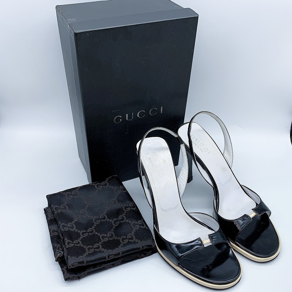 Gucci Open-Toe High Heeled Sandal in Black Patent Leather